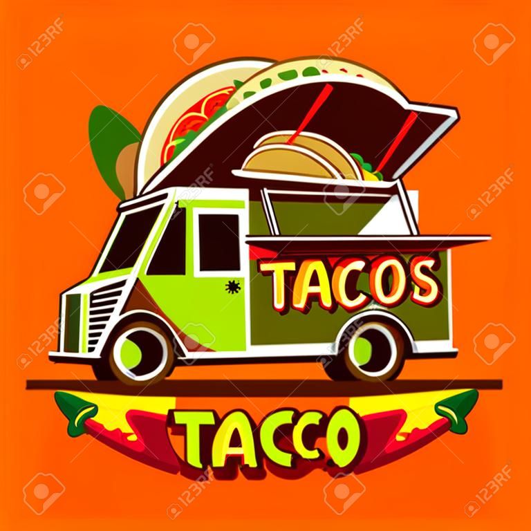 Logotype de camion de nourriture pour le service de livraison rapide de repas mexicain de tacos ou le festival de nourriture d'été. Camion van avec publicité mexicaine