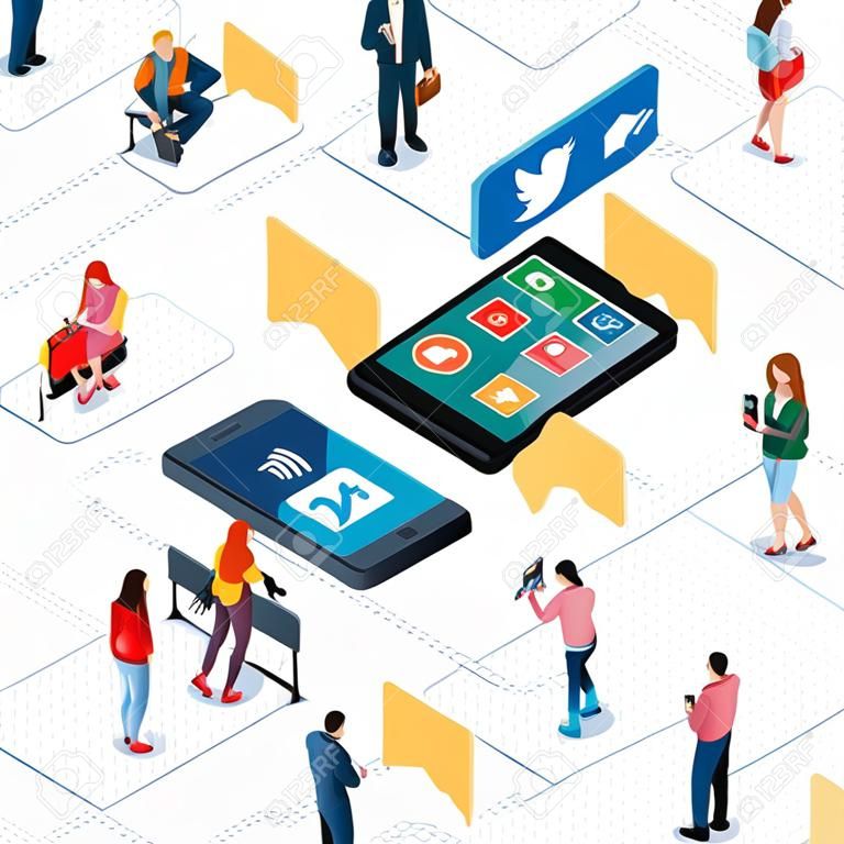 Het verbinden van mensen en sociale media grafische vector template met platte isometrische elementen mensen en smartphone apparaten illustratie