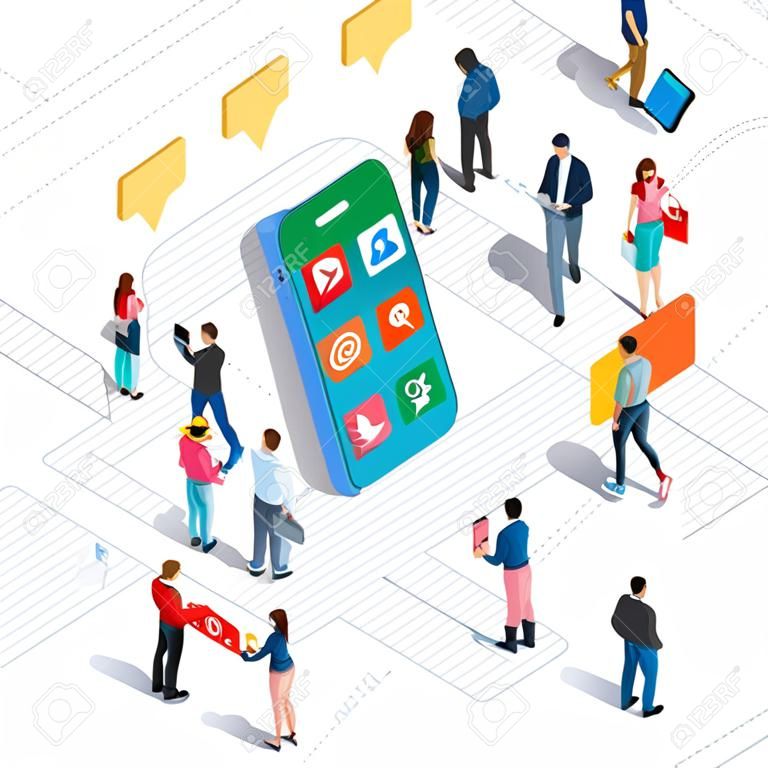 Conectando pessoas e mídia social modelo de vetor gráfico com elementos isométricos planas pessoas e ilustração de dispositivos de smartphone