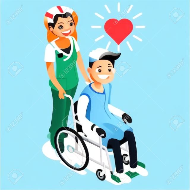 護士與病人在輪椅等軸人卡通矢量