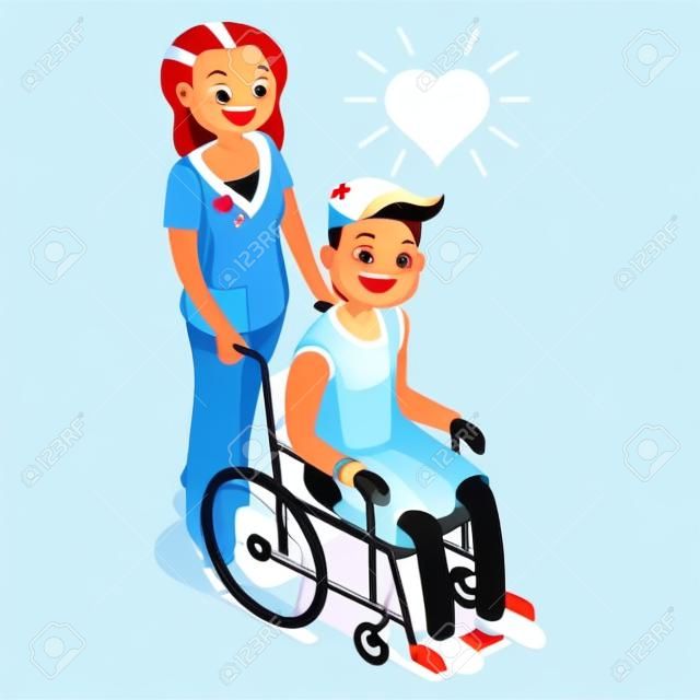 護士與病人在輪椅等軸人卡通矢量