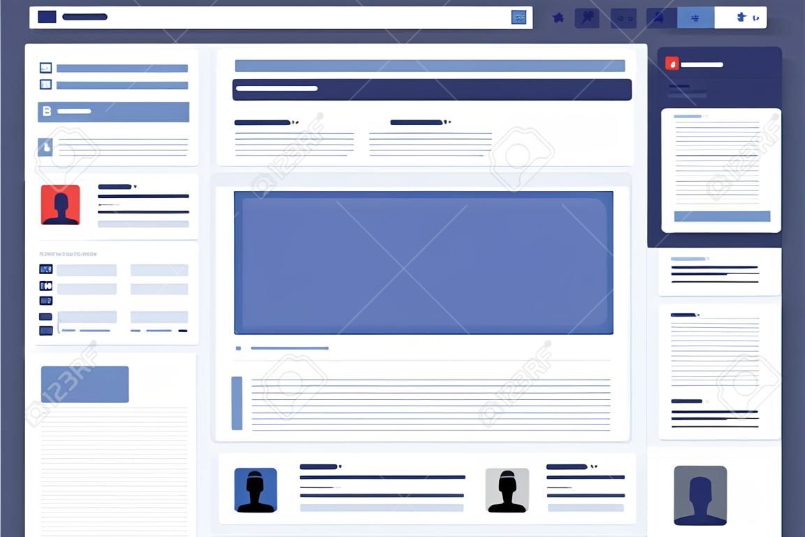 Interfejs sieciowy profilu strony społecznościowej. Koncepcja w ilustracji wektorowych Płaska konstrukcja.
