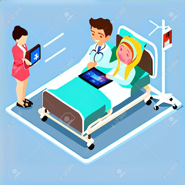 Isometric medical staff group of doctor and patient 3D flat people emotions in isometric cartoon style medical icon vector illustration.
