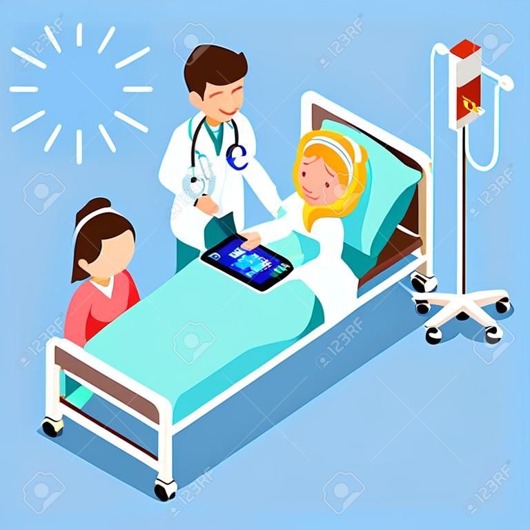 Isometric medical staff group of doctor and patient 3D flat people emotions in isometric cartoon style medical icon vector illustration.