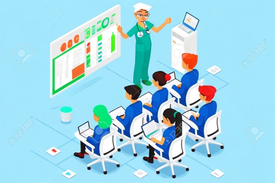 Grupo de médicos y enfermeras grupo de personajes de dibujos animados de vectores equipo clínico en reunión médica. Diseño plano personas 3D isométricas.