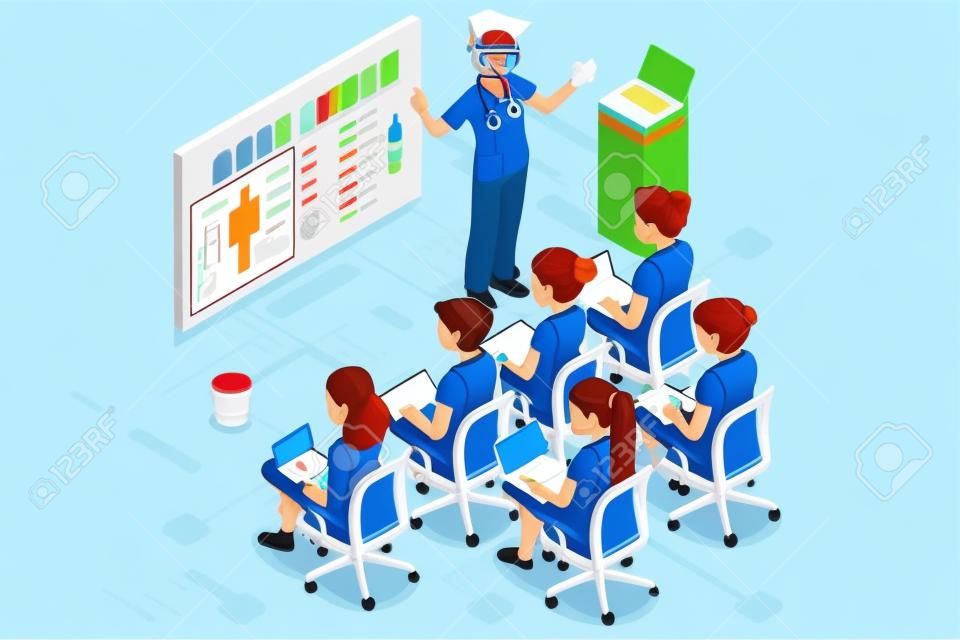 Grupo de médicos y enfermeras grupo de personajes de dibujos animados de vectores equipo clínico en reunión médica. Diseño plano personas 3D isométricas.