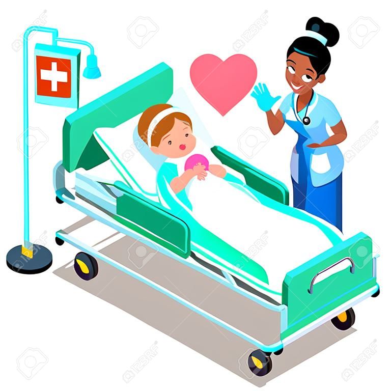 Pielęgniarka z dziecko pielęgniarki lub lekarki cierpliwą opieką 3D ludzi isometric płascy emocje w isometric kreskówka stylu ikony wektoru medycznej ilustraci.