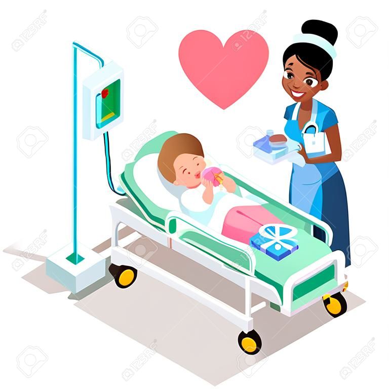Pielęgniarka z dziecko pielęgniarki lub lekarki cierpliwą opieką 3D ludzi isometric płascy emocje w isometric kreskówka stylu ikony wektoru medycznej ilustraci.