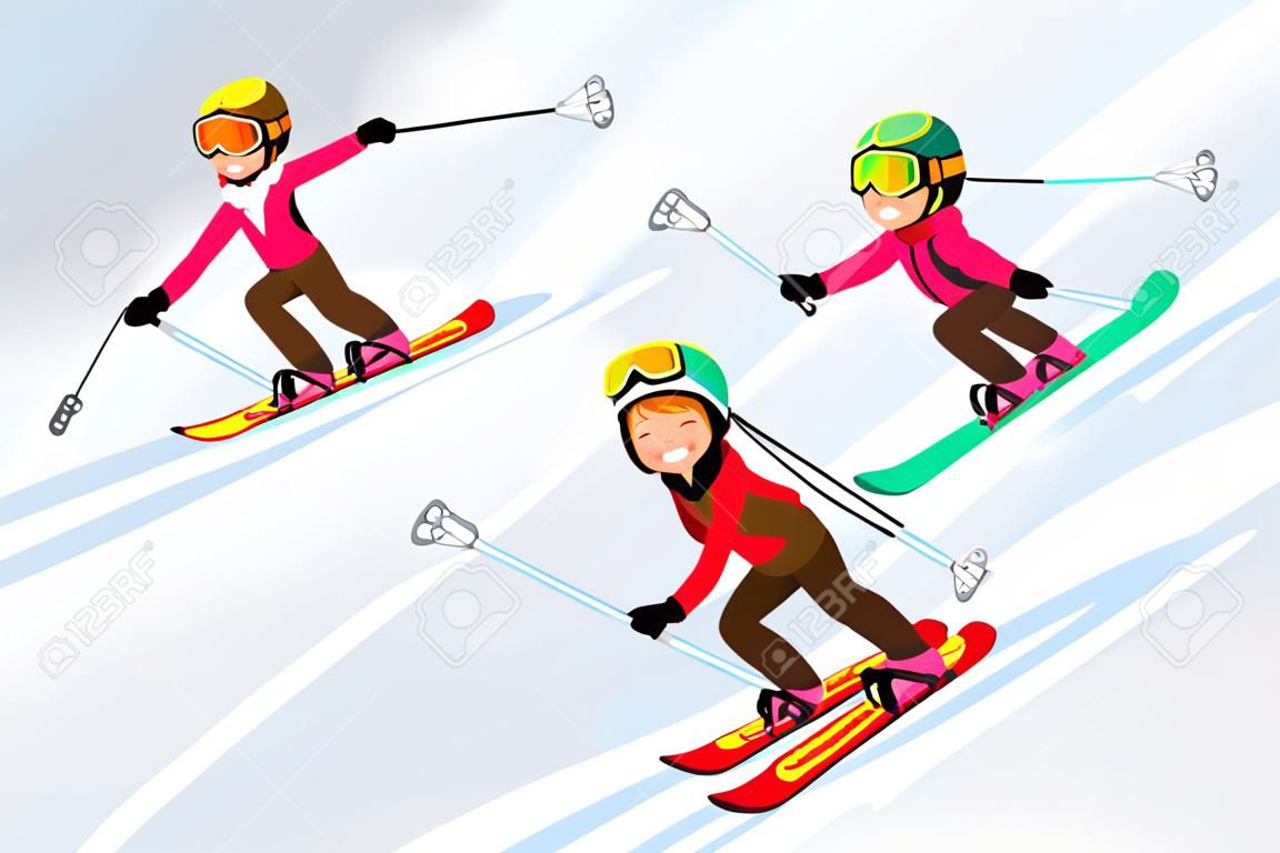 Sci nella gente di sci sulla neve. Sport invernali alle vacanze per bambini. Sciatori di genitori e bambini che si godono il paesaggio innevato. Illustrazione vettoriale in uno stile piatto