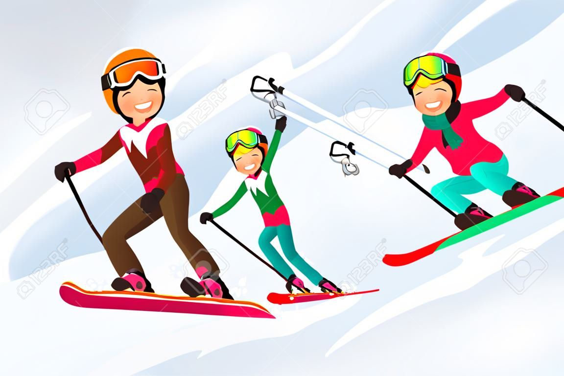 Esquís en la gente de esquí de nieve. Deportes de invierno en vacaciones para niños. Esquiadores de padres y niños disfrutando del paisaje de nieve. Ilustración de vector en un estilo plano