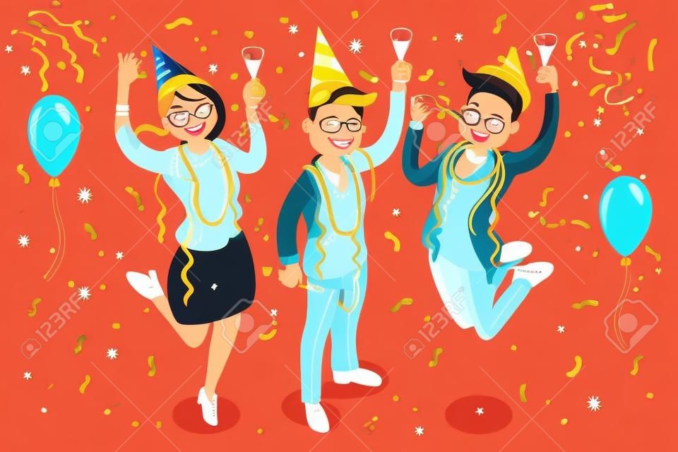 Bash noworoczny. Ludzie doceniają ilustracji wektorowych party. Fajny projekt płaski charakter wektor na przyjęcie sylwestrowe lub urodzinowe z postaciami męskimi i żeńskimi, zabawy i toast.