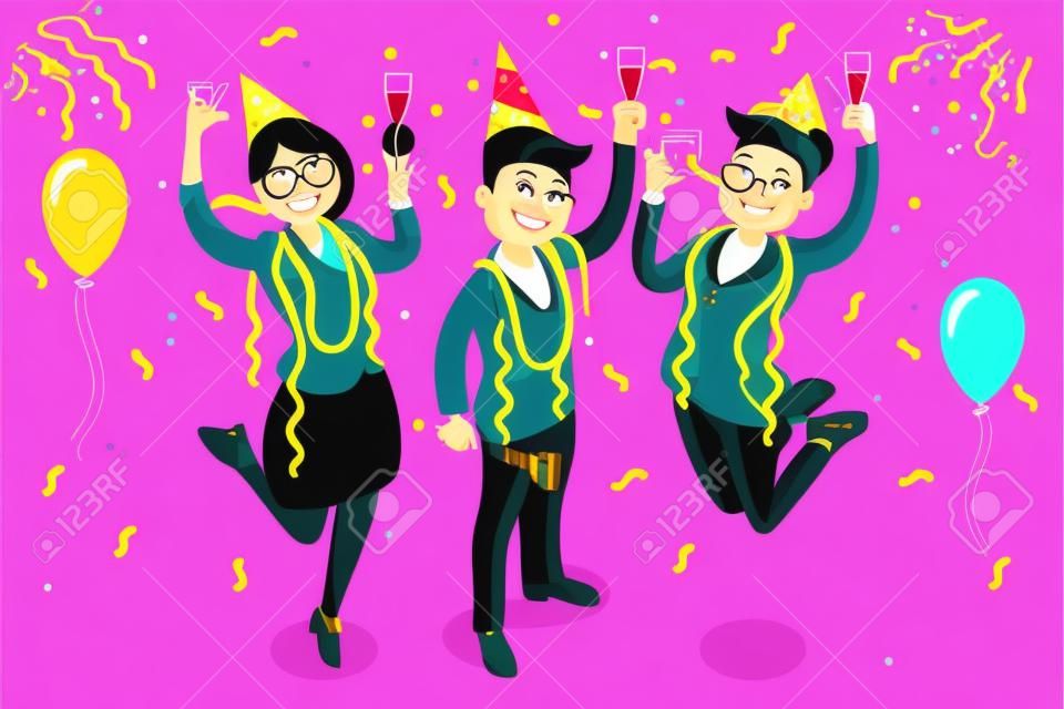 Ano Novo Pessoas celebrando a ilustração vetorial de festa. Design de personagens planas vector legal na festa de ano novo ou aniversário com personagens masculinas e femininas, se divertindo e tendo um brinde.