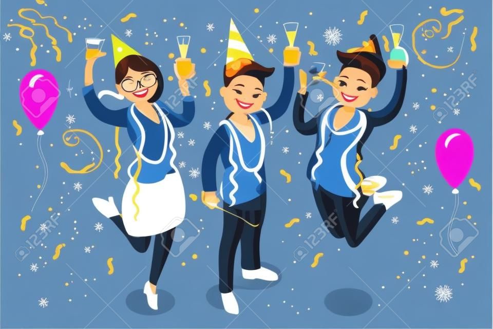 新年バッシュ。パーティーベクトルイラストを祝う人々。クールなベクトルフラットなキャラクターデザインは、男性と女性のキャラクターが楽しみ、乾杯を持つ新年や誕生日パーティーに。