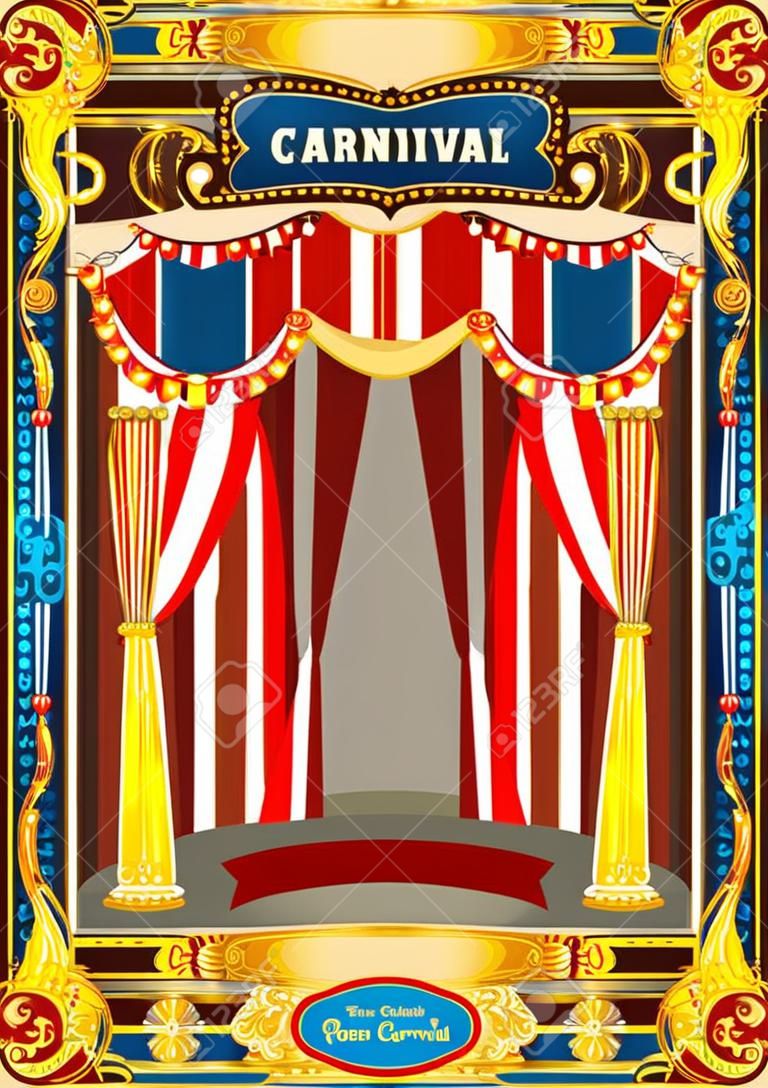 Modello di manifesto di Carnevale. Tema d'epoca di circo per invito o post di festa di compleanno per bambini. Illustrazione vettoriale