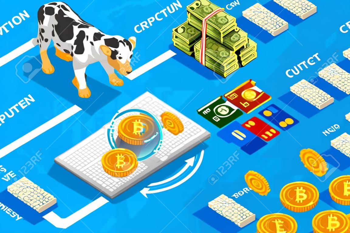 Evolution of money to cryptocurrency concept vector illustration. The transition from former barter system and commodity money to nowadays electronic money.