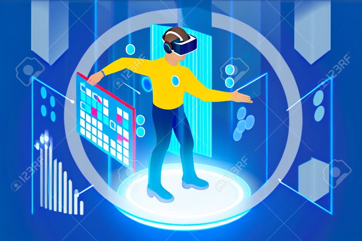 No futuro, o homem isométrico vestindo tecnologia e tocando a realidade virtual, interface aumentada vr. Gadget para entretenimento, dispositivo para pagamento virtual ou transação on-line.
