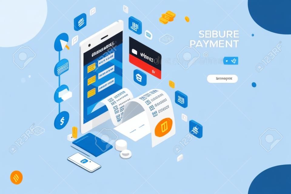 Online payment. Internet payments, protection of money in cellphone transactions. Can use for web banner, infographics, hero images. Flat isometric vector illustration isolated on white background.