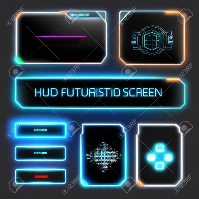 사용자 인터페이스의 미래형 터치 스크린. 최신 HUD 컨트롤 패널. 비디오 게임용 하이테크 화면입니다. 공상 과학 개념 디자인입니다. 벡터 일러스트 레이 션.