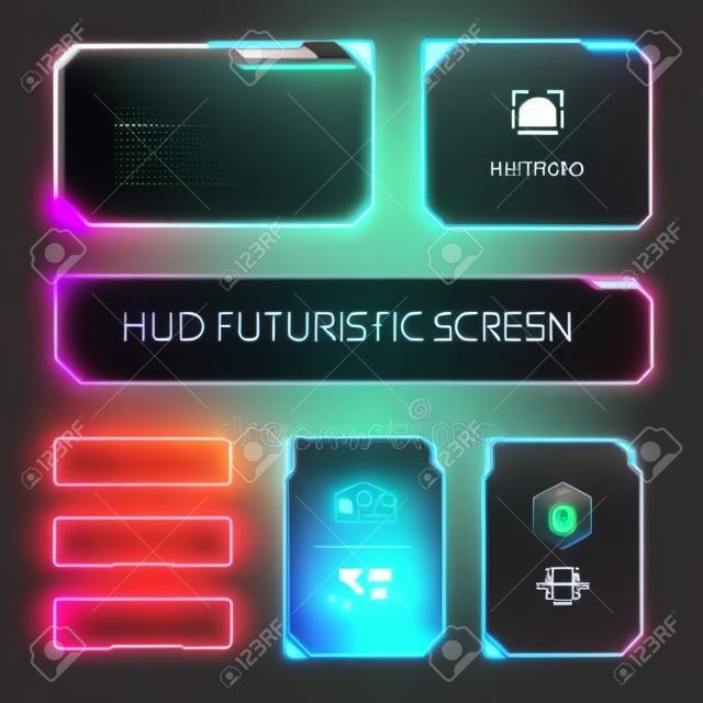 Touch screen futuristico dell'interfaccia utente. Pannello di controllo HUD moderno. Schermo ad alta tecnologia per videogiochi. Concetto di fantascienza. Illustrazione vettoriale.