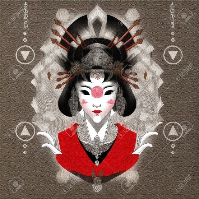Geisha Ilustração Geometria Sagrada. Perfeito para t-shirt / vestuário, mercadoria, pino design, skate, etc
