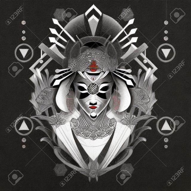 Geisha Illustration Sacred Geometry. Perfect for t-shirt/apparel, merchandise, pin design, skateboard, etc