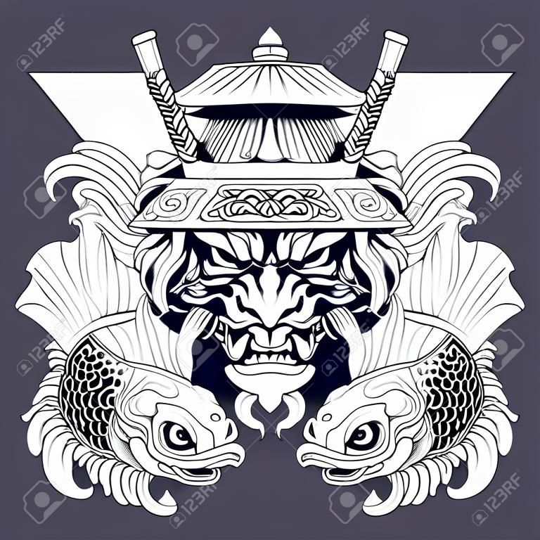 Oni Samurai with Japanese Fish tattoo style in black and white