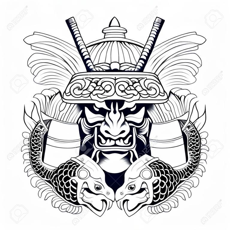 Oni Samurai with Japanese Fish tattoo style in black and white