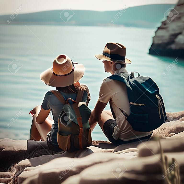 Couple travelers are sitting on sea coast. Created using generative Al tools. Summer vacation theme
