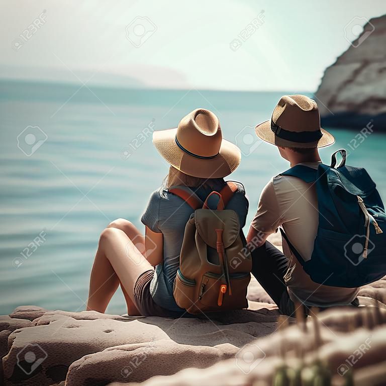 Couple travelers are sitting on sea coast. Created using generative Al tools. Summer vacation theme