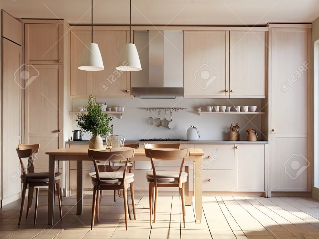 Interno della cucina moderna con pareti beige, pavimento piastrellato, armadi in legno e tavolo in legno con sedie rendering 3d