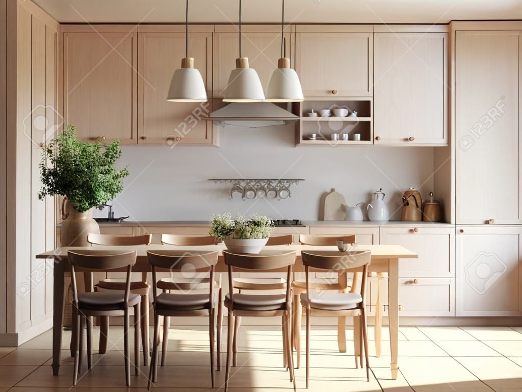 Interno della cucina moderna con pareti beige, pavimento piastrellato, armadi in legno e tavolo in legno con sedie rendering 3d