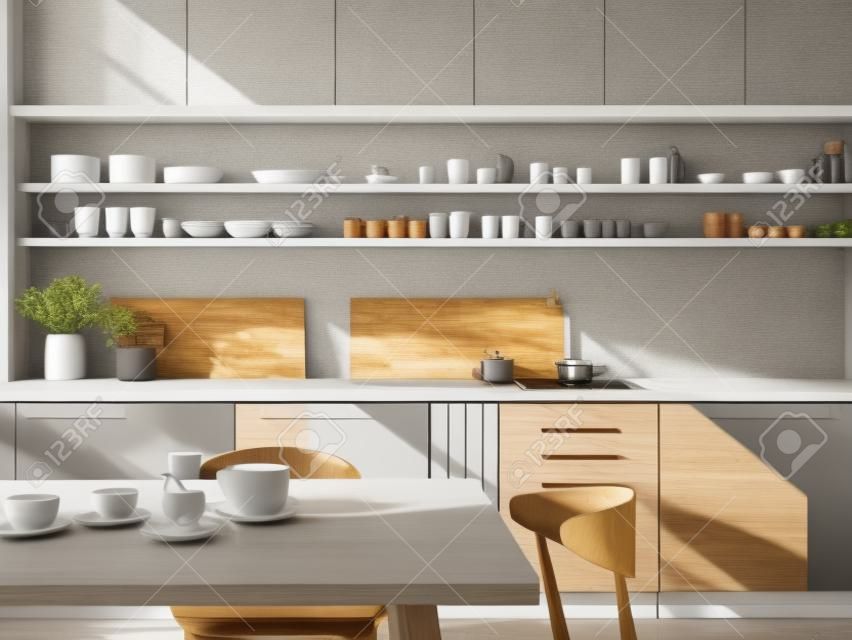 Hölzerne Kücheneinrichtung mit Esstisch und Stühlen, Nahaufnahme, 3D-Rendering