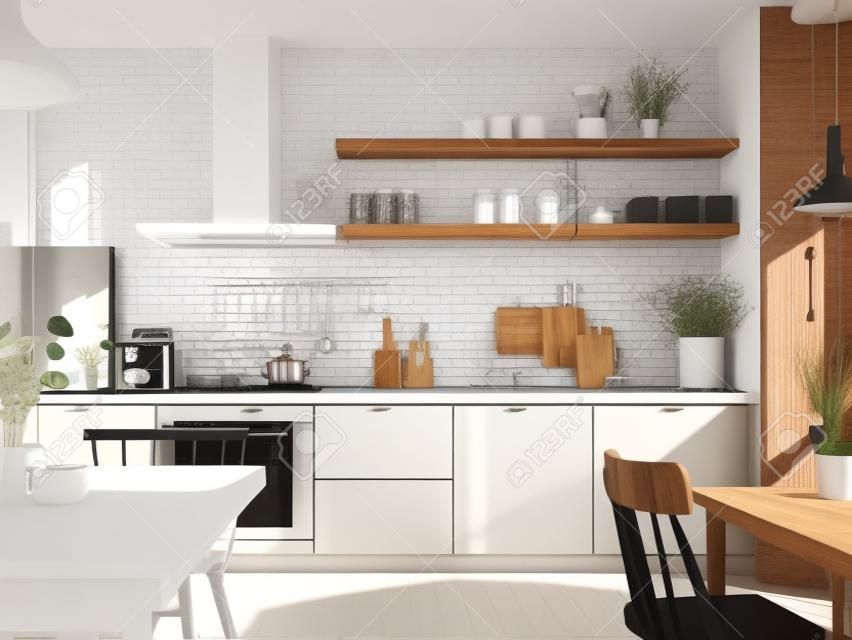Innenraum einer modernen Küche mit weißen Ziegelwänden, Holzboden, weißen Arbeitsplatten und Holzschränken, 3D-Rendering