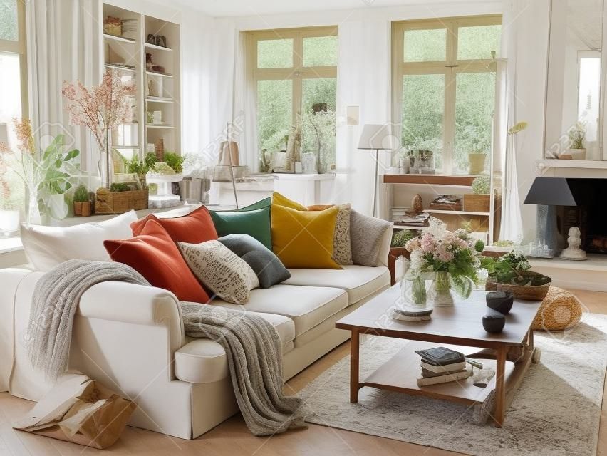 Cozy living room with sofa, coffee table, books and flowers