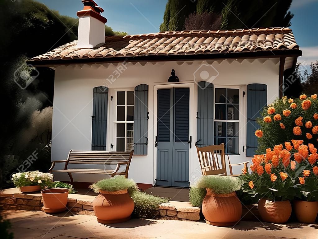 Cottage in the garden with flowers in pots. vintage style.