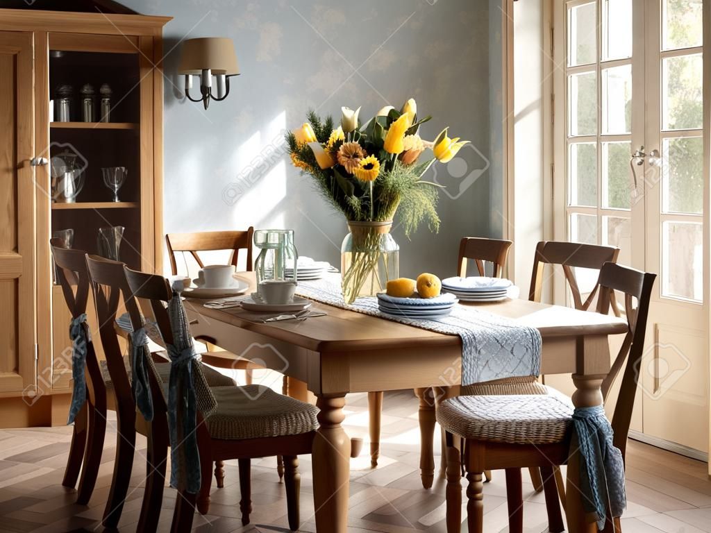 Dining room interior with wooden table, chairs and vase of flowers