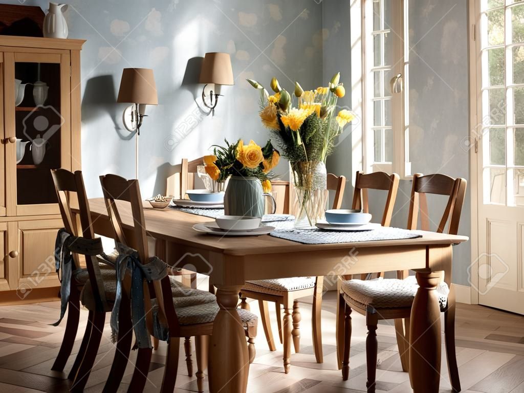 Dining room interior with wooden table, chairs and vase of flowers