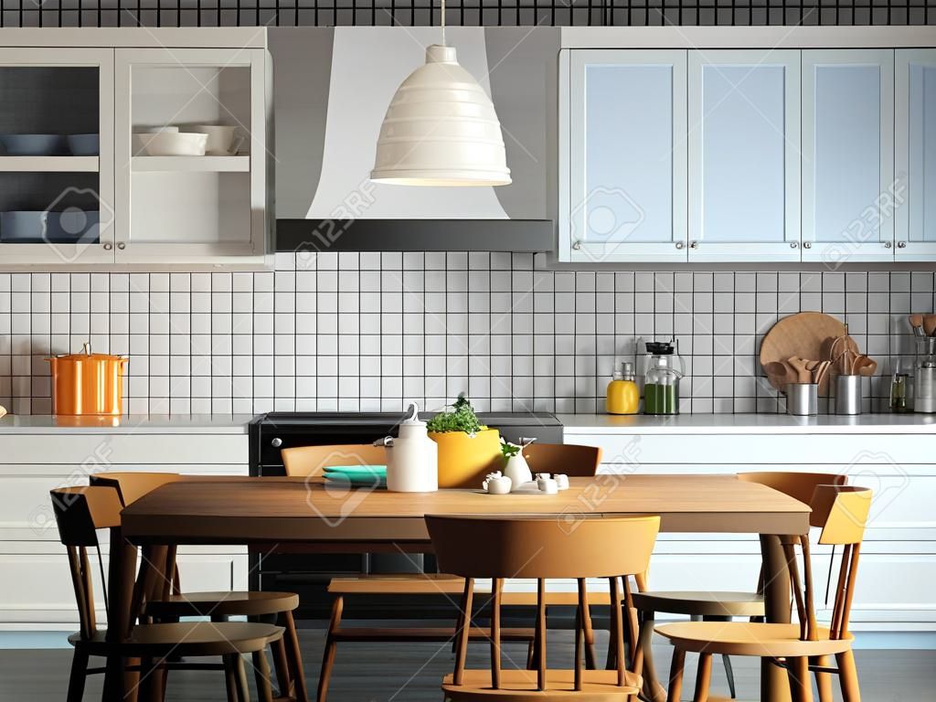 3d Illustration of white modern kitchen in a loft with a beautiful design