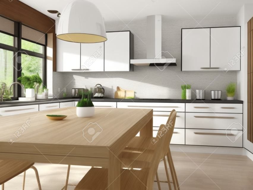 Interno della cucina moderna con tavolo e sedie in legno rendering 3d