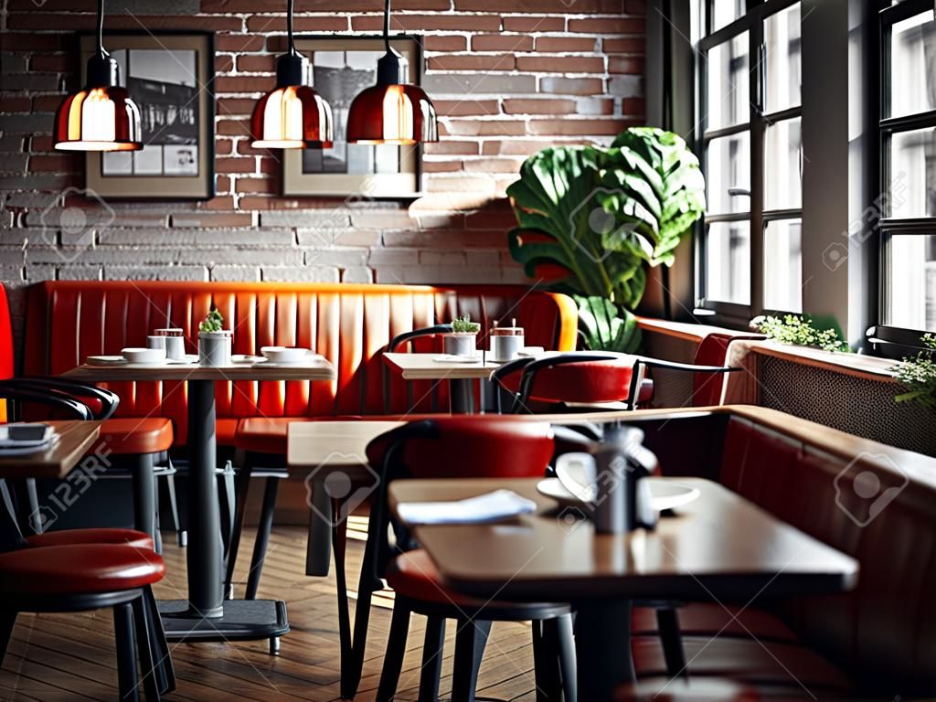 Interno di un bar con sedie e tavoli rossi in stile vintage