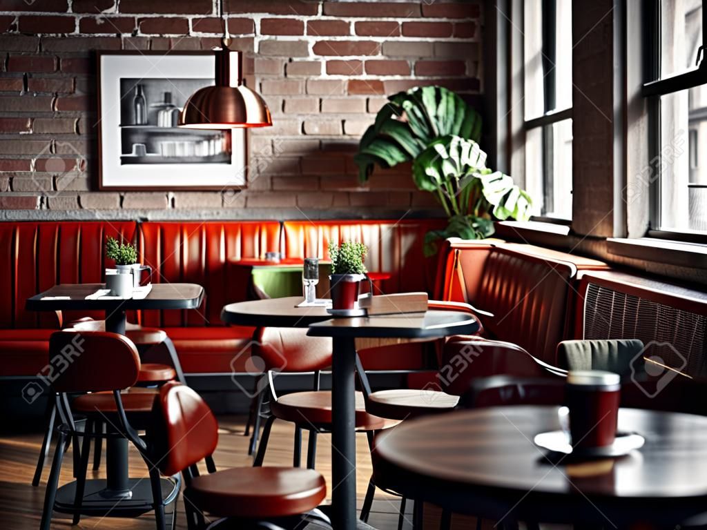 Interno di un bar con sedie e tavoli rossi in stile vintage