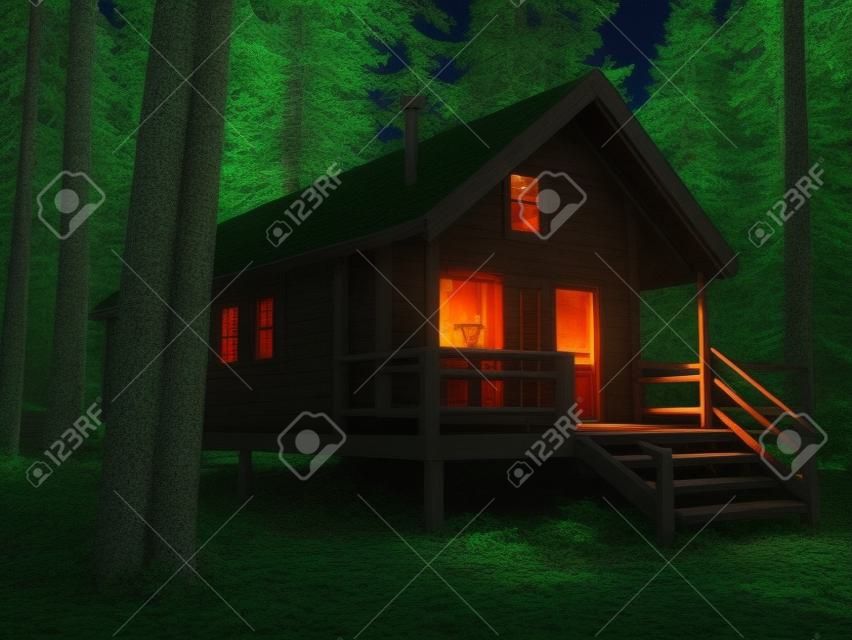 Wooden cottage in the forest at night. 3d rendering.