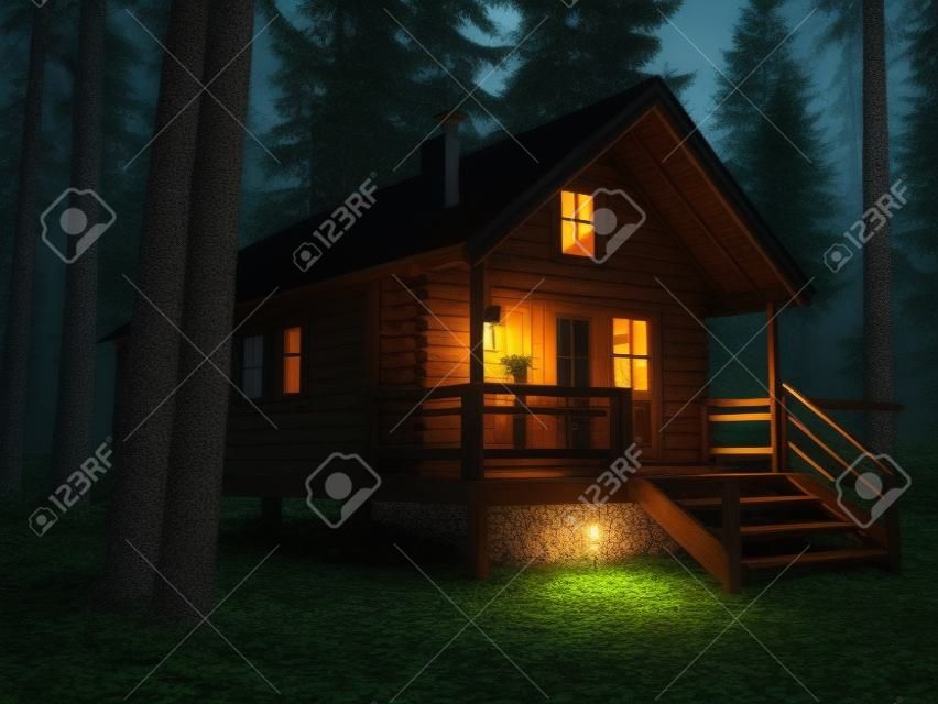Wooden cottage in the forest at night. 3d rendering.