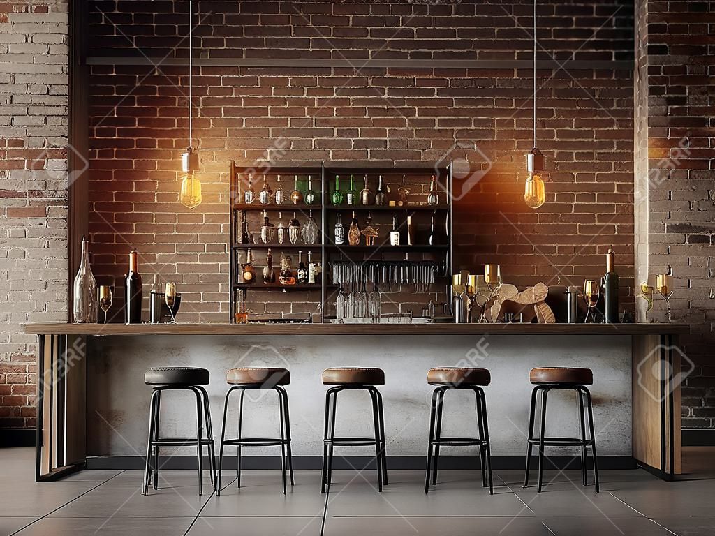 Intérieur du bar loft avec murs en briques, sol en béton et tabourets de bar noirs rendu 3d