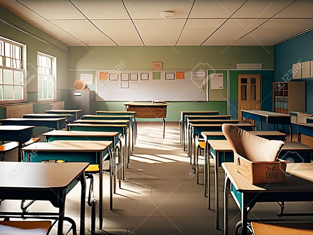 Interior of a school classroom with desks and chairs. 3d render