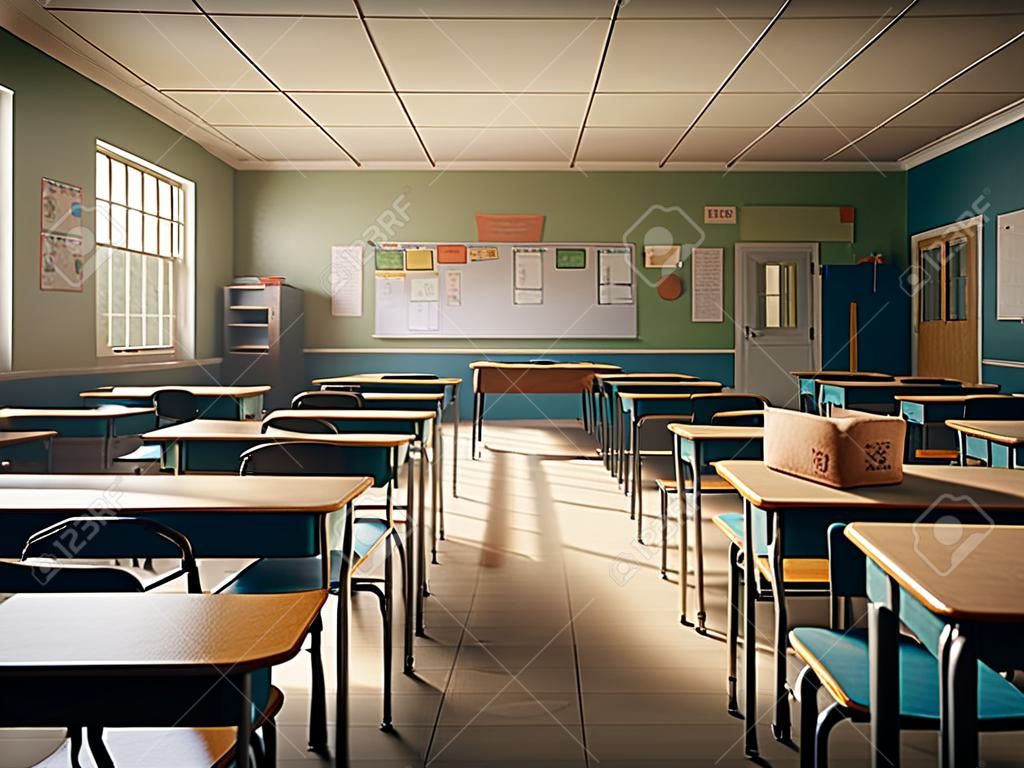 Interior of a school classroom with desks and chairs. 3d render
