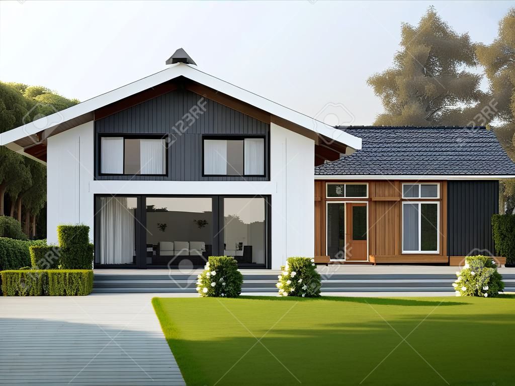 3d rendering of modern cozy house in chalet style with garage and pool for sale or rent with beautiful landscaping on background. Clear sunny summer day with blue sky.