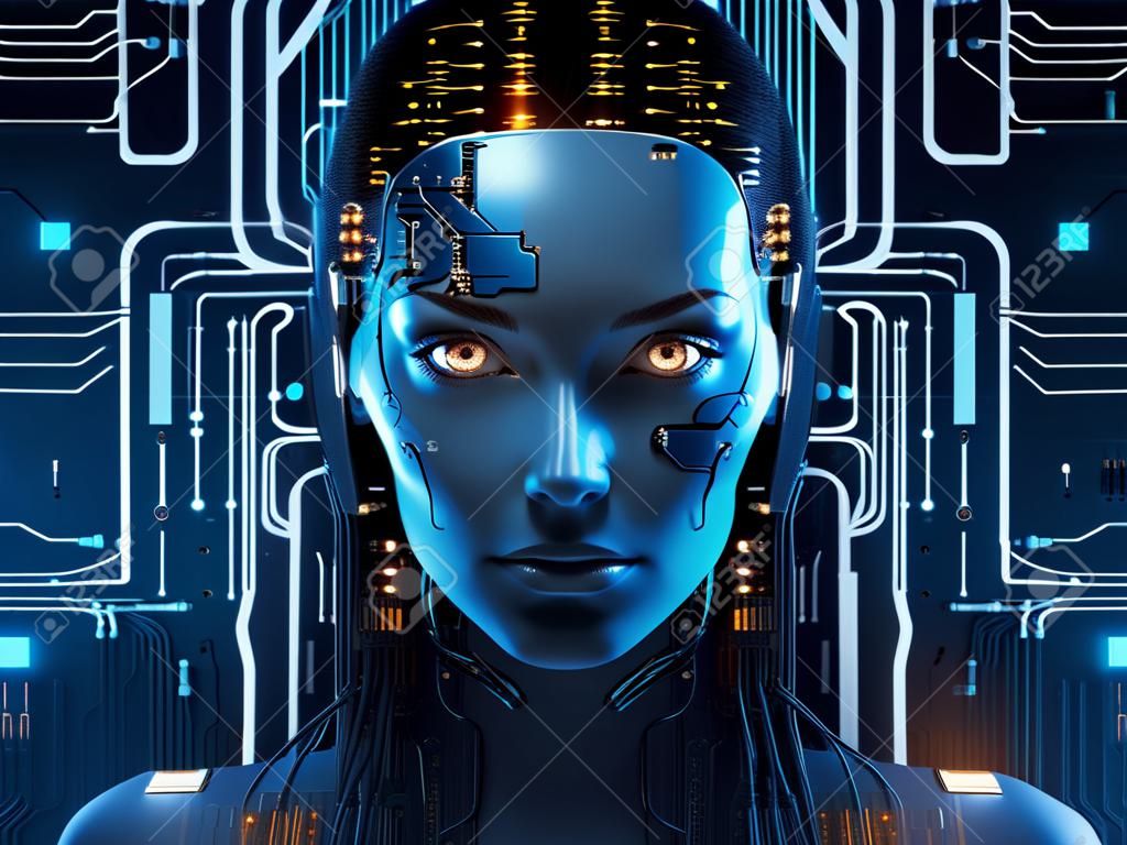 Cyborg woman face with circuit board. artificial intelligence concept. 3D rendering