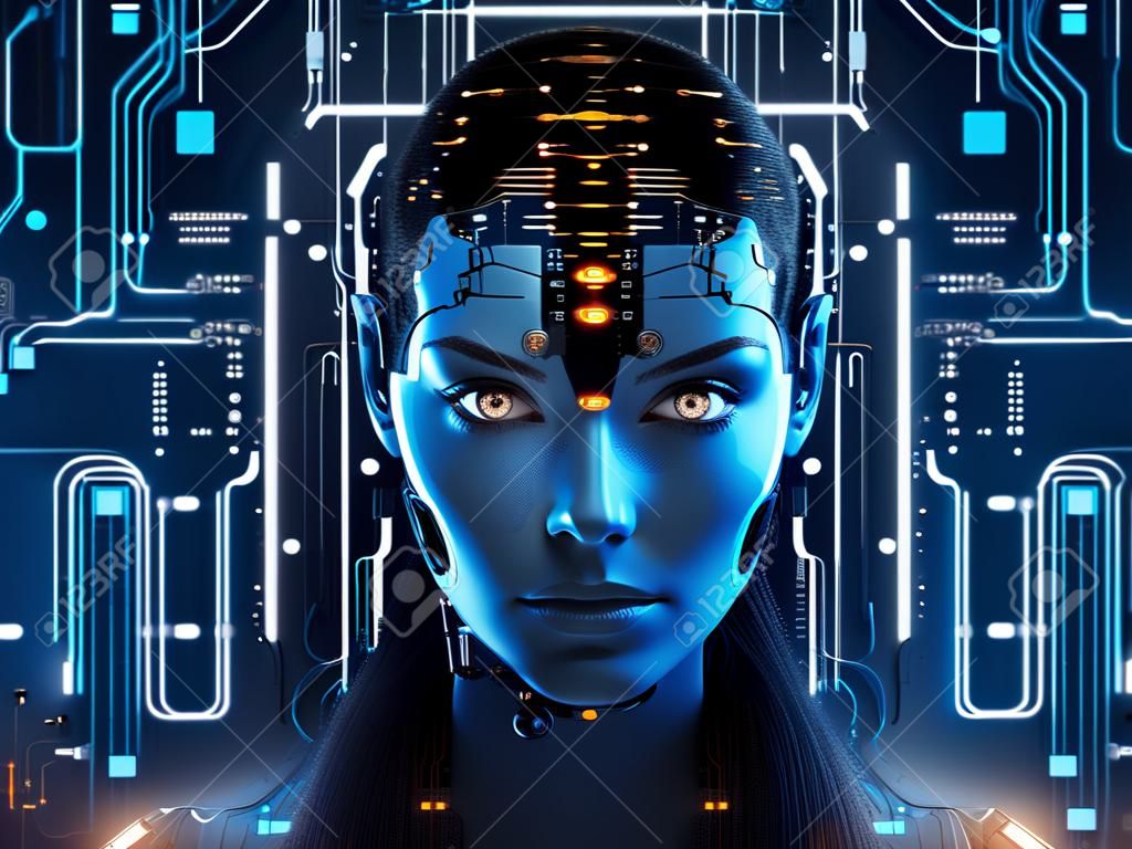 Cyborg woman face with circuit board. artificial intelligence concept. 3D rendering