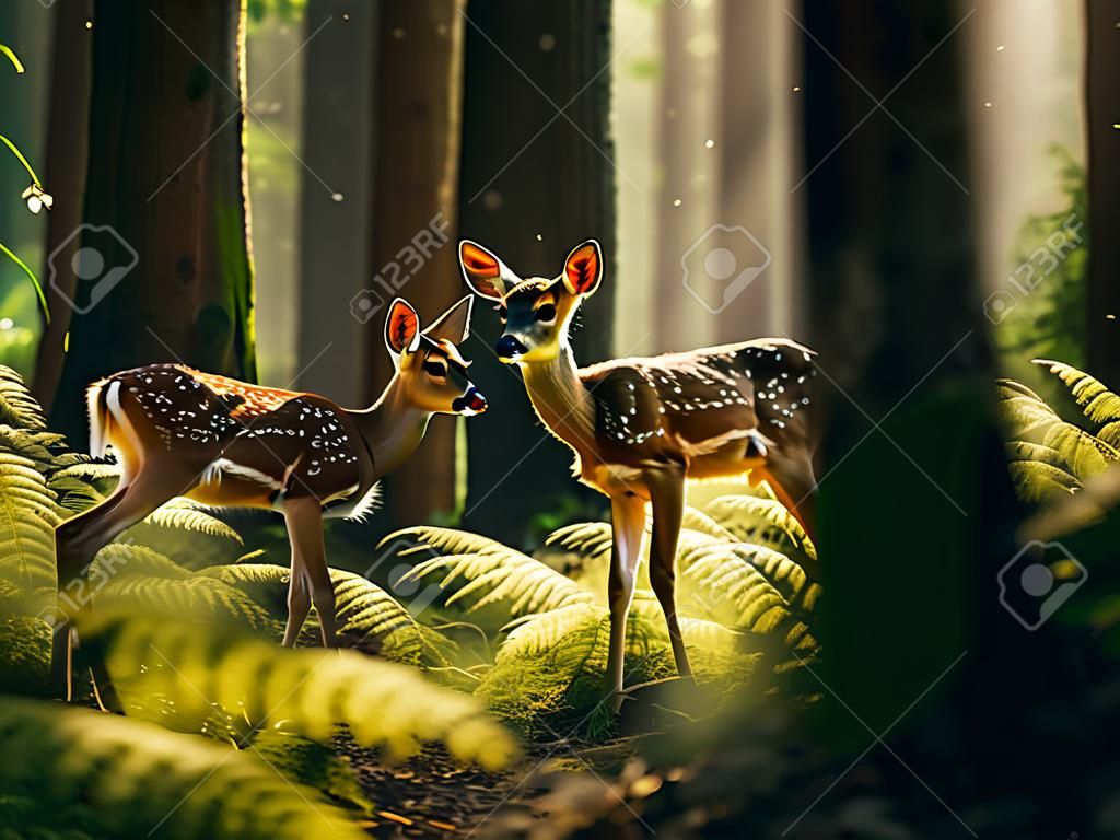 Beautiful fawns in the forest at sunset. Nature background